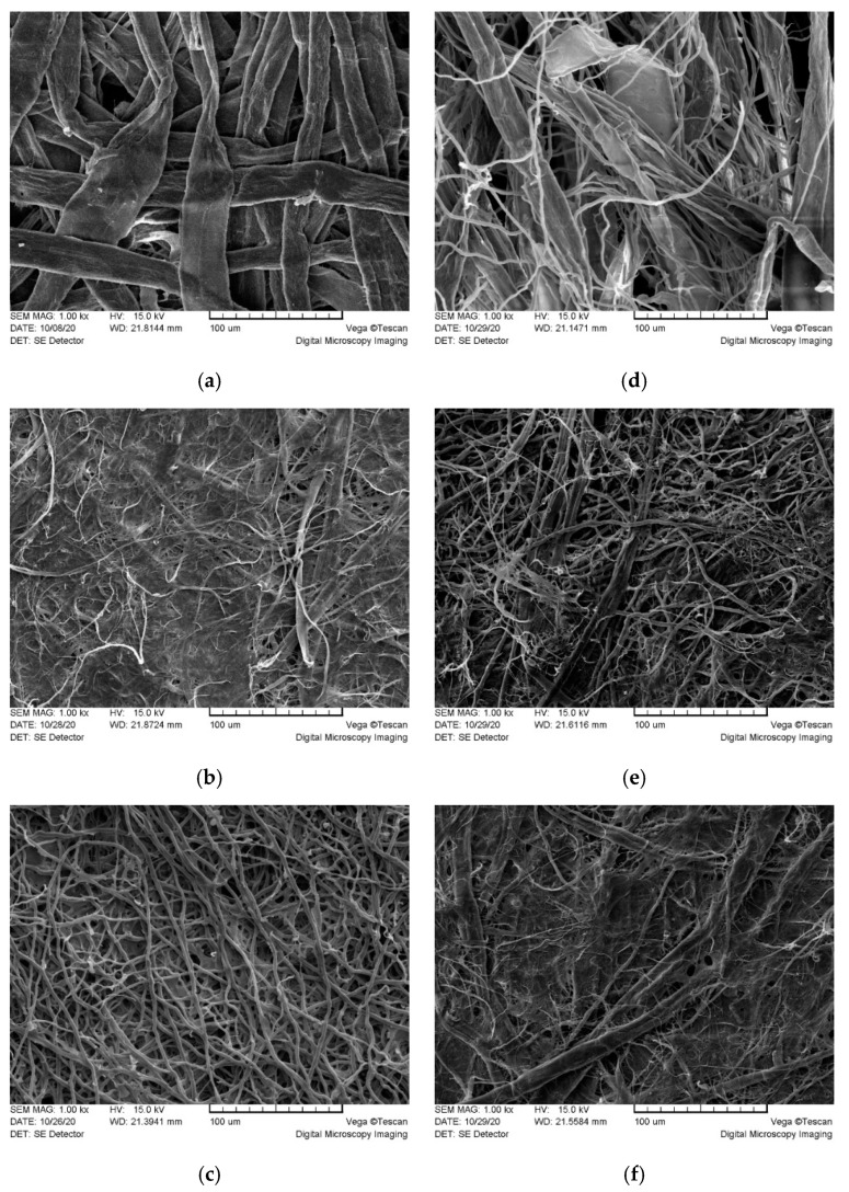 Ultrastructure of raw materials (left column) from (a) Kraft fibers (KF), (b) hemp fibers (HF), and (c) fungal fibers (FF Ga), and mycocel biopolymer compositions (right column): (d) KF FF (Ga); (e) HF FF (Ga); (f) KF HF FF (Ga). SEM, 1000×. Bar = 100 μm.