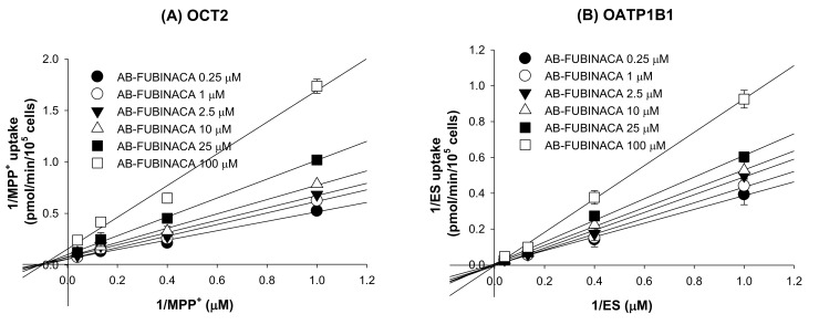 Lineweaver–Burk plots of the inhibitory effects of AB-FUBINACA (0.25–100 μM) on (A) OCT2-mediated [3H]MPP+ uptake and (B) OATP1B1-mediated ES uptake by HEK293-OCT2 and -OATP1B1 cells, respectively, in the presence of various concentrations of [3H]MPP+ or [3H]ES (1, 2.5, 7.5, and 25 μM). Each symbol represents a concentration of AB-FUBINACA. The data are means ± SDs (n = 3).