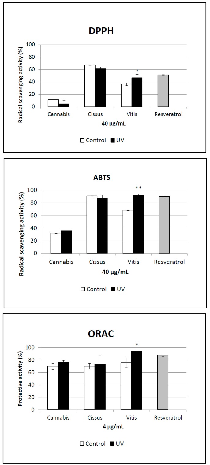 Antioxidant activity of plant extracts compared to resveratrol as positive control. UV indicates plants exposed to UV light, and control indicates non-exposed plants. * Significantly different from control (p ≤0.05); ** Significantly different from control (p ≤0.001).