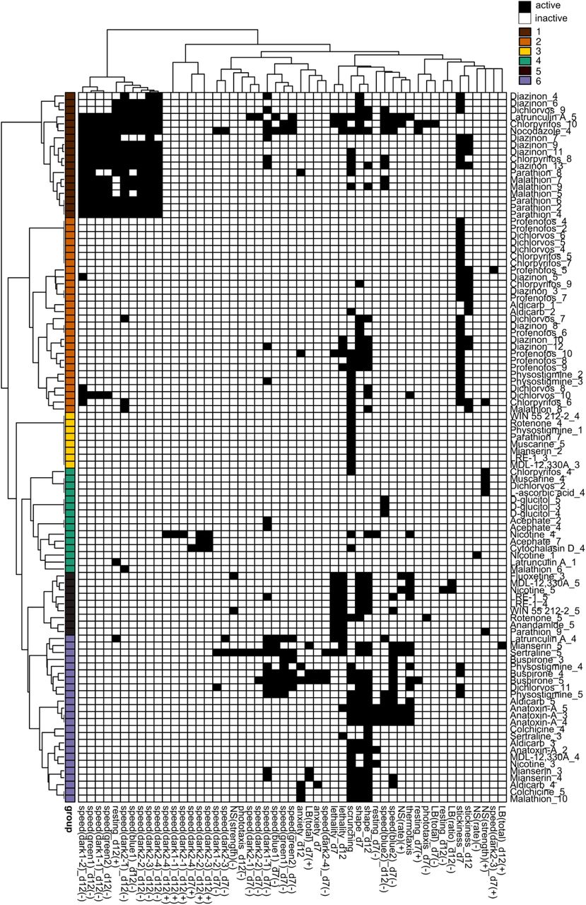 Hierarchical clustering of adult phenotypic barcodes.Active outcome measures for each chemical concentration are shown in black. Outcome measures that can have effects in both directions are separated into either the positive (+) or negative (-) direction. Only active chemical concentrations and outcome measures are shown. Numbers in chemical names refer to the respective test concentration, with 1 as the lowest tested concentration, see Table 1. Hierarchical clustering was performed using binary distance and Ward’s method. Six clusters were identified with similar phenotypic profiles: Cluster 1: Strong locomotor defects (reduced speed and increased resting), Cluster 2: effects in primarily day 7 stickiness, Cluster 3: scrunching defects only, Cluster 4: 1 or 2 hits in miscellaneous outcome measures, Cluster 5: lethal/systemic toxicity, Cluster 6: effects in scrunching and body shape with the addition of other outcomes.