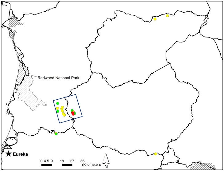 Exposure to and mortality from anticoagulant rodenticides (AR) in fishers (Martes pennanti) from the isolated northern California population.Green circles represent negative fishers, yellow circles represent exposed fishers, while red circles are fishers that died due to AR toxicosis.