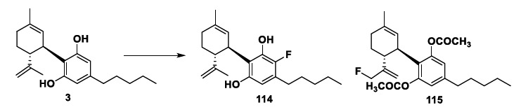 Chemical structures of fluorinated CBD derivatives 114 and 115.