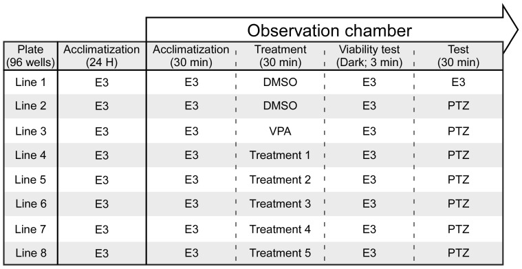 The experimental procedure. Following acclimatization, zebrafish larvae were exposed to the different solutions during the treatment phase, with DMSO and VPA serving as controls. Viability was then assessed visually and during exposure to darkness (movement was recorded). Finally, during the test phase, movement was recorded during exposure to PTZ.