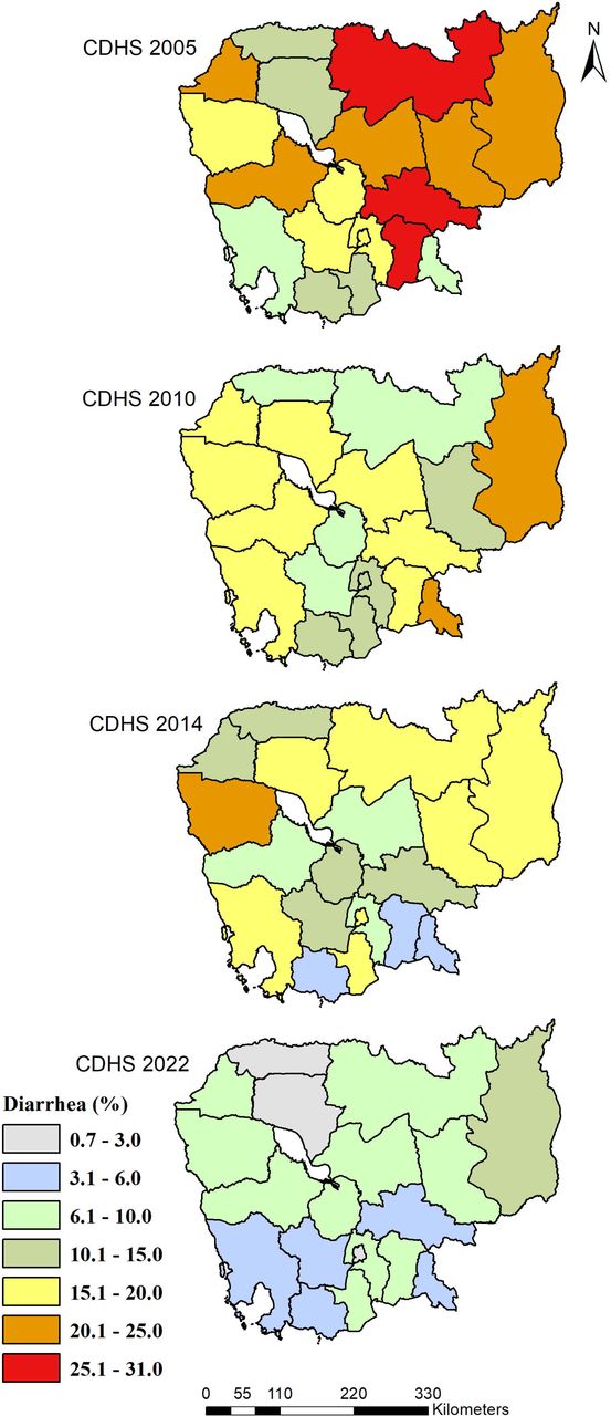 Geographical distribution of diarrhea among children 0–59 months in the last two weeks by survey years, CDHS 2000 to 2022. Cambodian shapefile of provinces were obtained from the publicly accessible DHS website under a copyright license (https://spatialdata.dhsprogram.com/boundaries/#view=table&countryId=KH). Notes: Survey weights applied to obtain weighted percentages across survey years and pooled data.