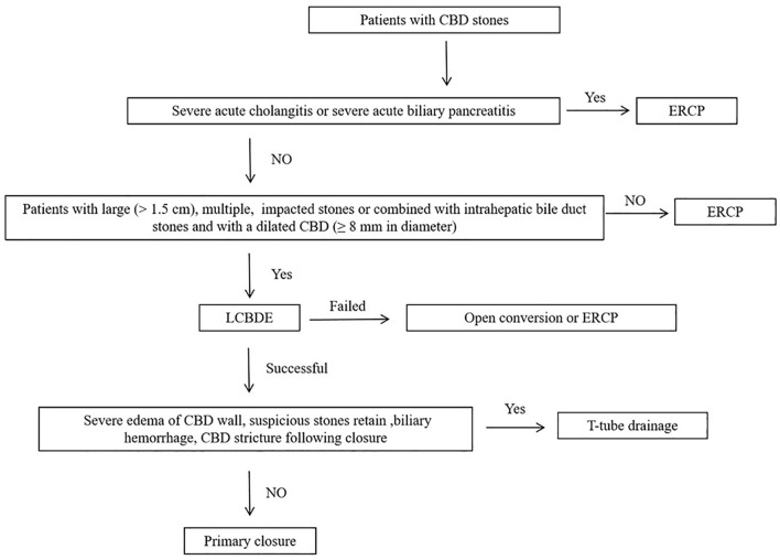 Flow diagram for the management of CBD stones. CBD common bile duct, ERCP endoscopic retrograde cholangiopancreatography, LCBDE laparoscopic common bile duct exploration