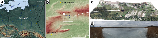 Localization of Lake Slone. (a) Lake Slone (51°18′16″N, 23°21′55″E) is located in SE Poland within the Chełm Hills Region, a part of Volhyn Polesie18. (b) Topography of the northern part of Chełm Hills Region showing the locations of the closest Early Medieval hillforts—Busówno and Staw Tarnów marked with yellow stars—in the vicinity of Lake Slone. In the Middle Ages, at least four settlement units functioned within the 10 km radius from the study site, with Busówno hillfort being the closest and the largest among them19. The results of geoarchaeological studies of the medieval settlements in the region have been well-described20 however, earlier anthropogenic activity in SE Poland dating back to the Roman period and the Migration Period has not been fully characterised. During the Roman period, the Przeworsk and Wielbark cultures can be located to the region of SE Poland, which then migrated towards the south and west and were replaced by the first Slavs around the sixth century21. The first records of the settlement in Busówno date back to the seventh century and the archaeological evidence suggests that the hillfort functioned until the fourteenth century and was still used, but to a lesser extent, until the seventeenth century19. (c) Nowadays, Lake Slone is a small, shallow (3.4 ha, 8.0 m), eutrophic water body (Carlson Trophic State Index = 44–58) of high ecological status17. The lake has a catchment area of 5.5 km2 with a predominant agricultural land use (arable lands, meadows and wetlands), whereas build-up areas within the catchment do not exceed 2%. (d) Ice-covered Lake Slone during sediment sampling, January 2019.