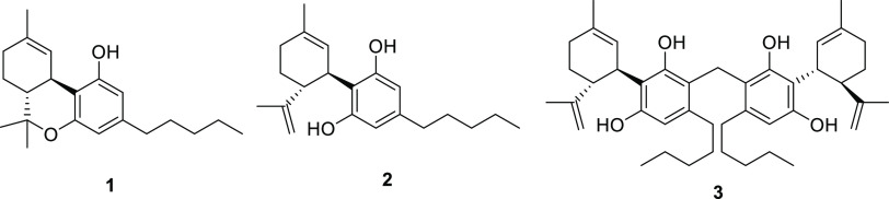 Structures of Δ9-THC (1), CBD (2), and cannabitwinol (3).