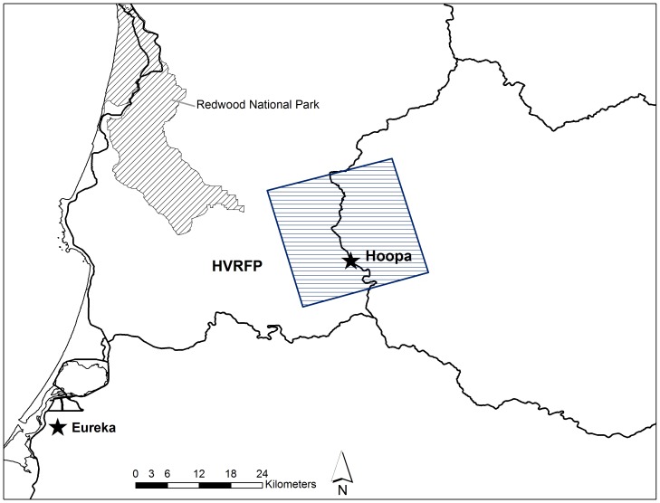 Enlarged map of fisher (Martes pennanti) project area for the northern California population at the Hoopa Valley Reservation Fisher project (HVRFP).