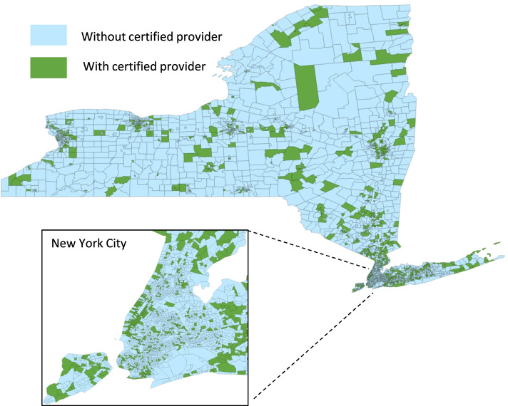 New York census tracts with and without medical cannabis certifying providers