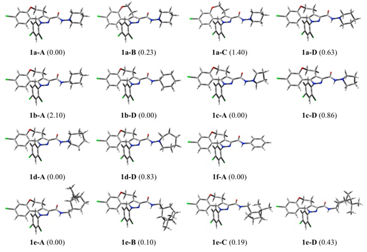 Three-dimensional plot of significant conformers of compounds 1a–f (the relative energy in kcal/mol is given in parentheses).