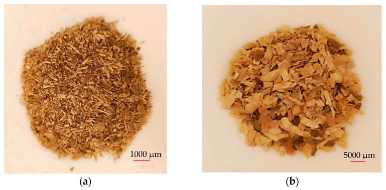 Material (a) Scots pine fraction f1 (0 ÷ 1), (b) Scots pine fraction f2 (1 ÷ 4), (c) hemp, (d) granulated ABS.