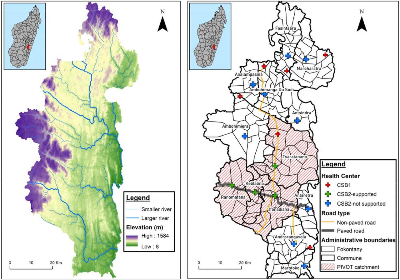 Map of the Ifanadiana district in MadagascarThe left panel shows elevation and waterways. The right panel shows administrative boundaries, roads, health centers (CSBs), and the PIVOT initial catchment area.