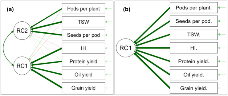 Two diagrams labeled (a) and (b) show pathways of influence between yield components and two root causes (RC1 and RC2). In (a), RC1 and RC2 have interconnected arrows leading to traits like pods per plant, TSW, seeds per pod, HI, protein yield, oil yield, and grain yield. In (b), RC1 is connected to the same traits without RC2 involvement. Thicker lines indicate stronger influences.