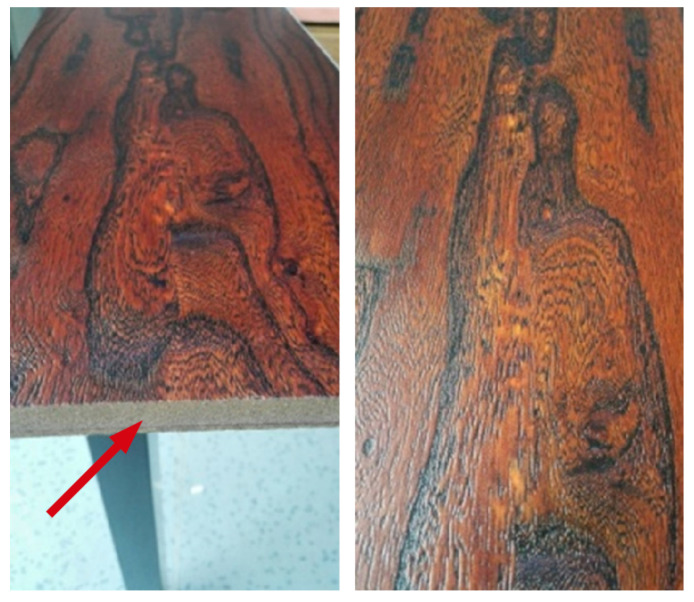 An example of a primary application for WPCs: direct-to-substrate 3D printing to create a realistic elm wood texture. The red arrow indicates the substrate material onto which the texture is printed. The technical conclusion this illustrates is that the main engineering driver for WPC use is often aesthetic and cost-reduction, rather than structural reinforcement. Research consistently shows that wood flour typically acts as a filler, which can significantly reduce mechanical strength compared to the neat polymer. This positions WPCs as an ideal material for non-structural, decorative applications like the one shown [192].