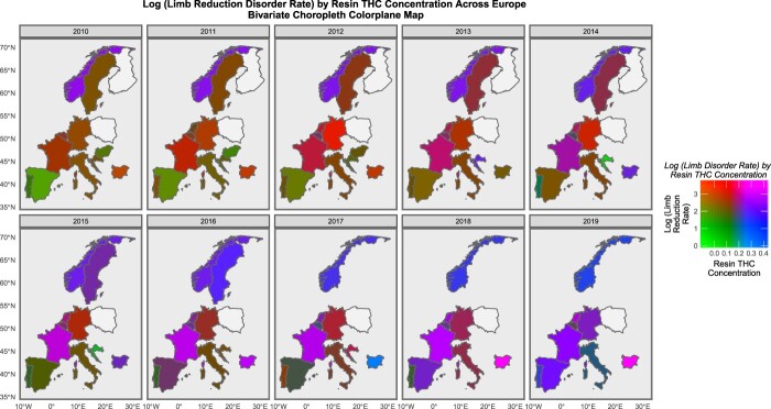 Bivariate colorplane sequential map graph series of log rates of limb reduction anomalies by cannabis resin THC concentration across Europe for studied nations. Relative rates are as described in the colorplane key
