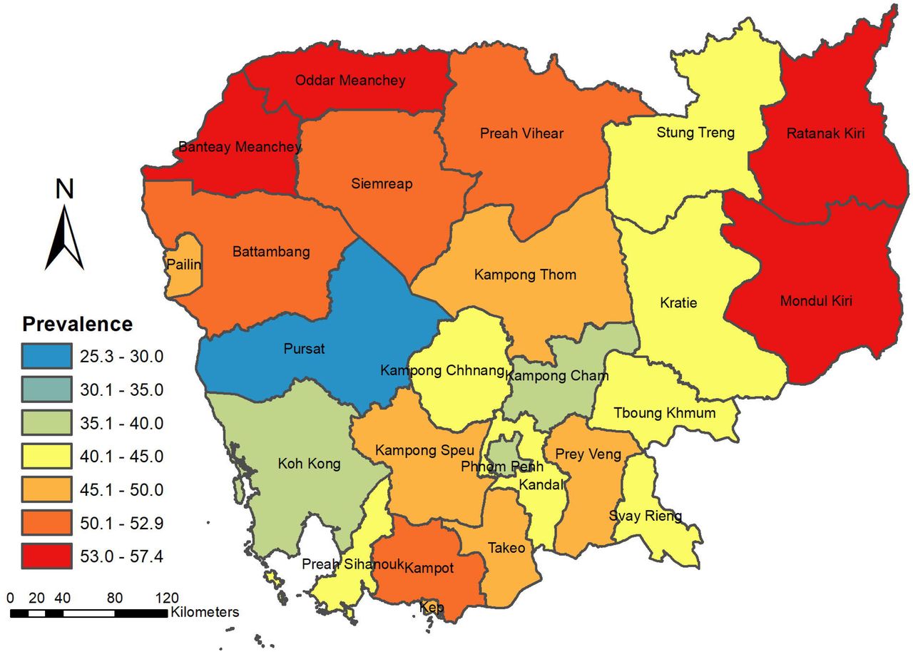 Prevalence of modern contraceptive use among Married and Sexually active unmarried women of reproductive age (15–49 years) in Cambodia (2021-2022).