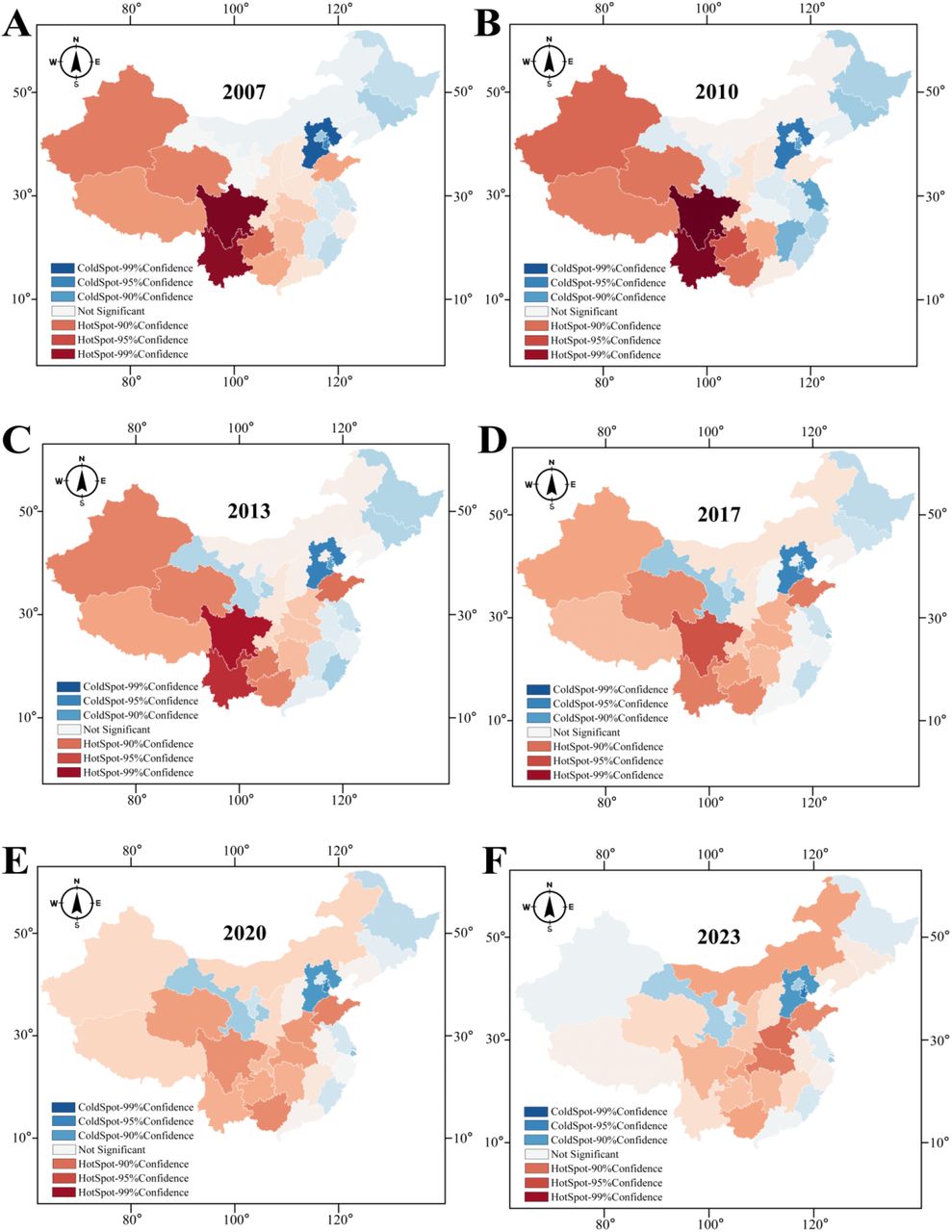 Spatiotemporal evolution of Getis-Ord Gi* hotspot analysis for pharmacist human resource density in China, 2007-2023.Panels A–F correspond to the distribution results for the years 2007, 2010, 2013, 2017, 2020, and 2023, respectively. The color gradient reflects the continuous variation in Z-scores: blue hues (Z-score < 0) represent coldspots (low-density clusters), and red hues (Z-score > 0) represent hotspots (high-density clusters). Statistical significance is determined at the 95% confidence level (|Z| > 1.96, P < 0.05): dark colors (dark blue/dark red) indicate areas of clustering at the 99% confidence level, while light colors (light blue/light red) indicate clustering at the 95% confidence level. Areas labeled “Not Significant” represent regions with no statistically significant spatial clustering. The spatial weight matrix was constructed based on the rule of geographical contiguity and was standardized.