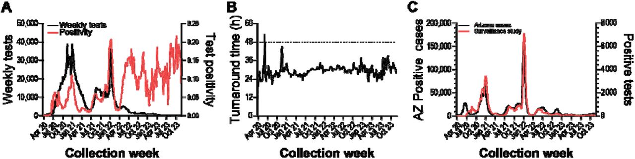 SARS-CoV-2 RT-PCR testing surveillance from April 2020 to November 2023. (a) Left axis: Weekly tests performed. Right axis: Weekly test positivity. (b) Average weekly test result turnaround time. (c) Left axis: Weekly Arizona SARS-CoV-2 case count. Right axis: Surveillance weekly positive samples.