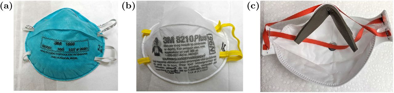 Masks after 5 heat cycles. (a) 3M 1860; Slight blurring of printed label, no other visible changes. (b) 3M 8210 Plus; Slight blurring of the printed label. (c) 3M 1870; Delamination of part of the foam nose bridge shown here after 5 cycles. The foam was reset in place prior to donning and still passed all fit tests.