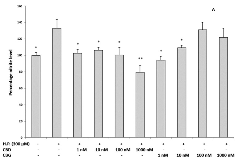 Inhibitory effects of CBD and CBG 1–1000 nM on H2O2-induced increase in nitrite level (expressed as percentage level compared to control group; panel (A) and reduction in 5-HT level (expressed as ng/mg wet tissue; panel (B), in isolated rat cortexes (n = 3 for each experimental condition). Panel A: ANOVA, p < 0.001, F = 14.02; post hoc test, * p < 0.05, ** p < 0.01 vs. hydrogen peroxide (H.P.) group. Panel B: ANOVA, p < 0.001, F = 12.99; post hoc test, * p < 0.05 vs. hydrogen peroxide (H.P.) group.