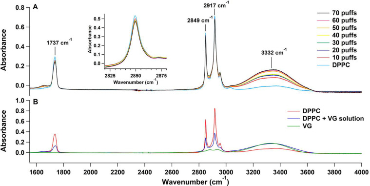 (A) FTIR spectra of DPPC and after each session of 10 puffs of VG using the ENDS device. (B) ATR-FTIR spectrum of a concentrated VG solution placed on a clean ATR surface; a spectrum of DPPC placed on a clean ATR surface (in red), and the spectrum of the same DPPC after the addition of the concentrated VG solution (in blue).