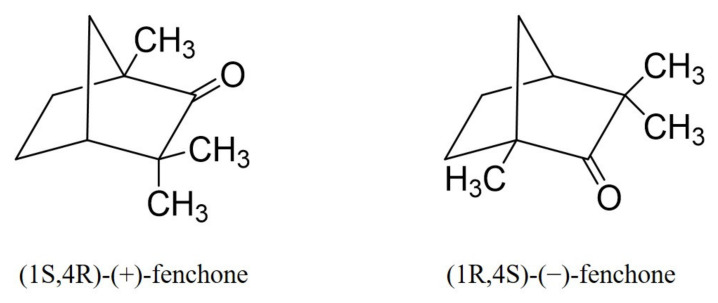 Chemical structures of (1S,4R)-(+)-fenchone and (1R,4S)-(−)-fenchone.