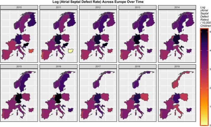 Sequential map-graphs of log (rates of ASD) across selected European countries over time, 2010–2019