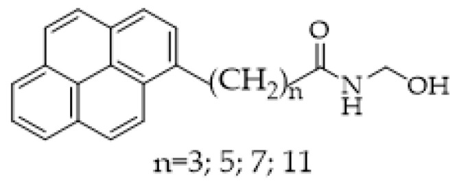 Structures of putative pyrenyl-containing substrates of FAAH. n = 3 N-(2-hydroxyethyl)-4-pyren-1-ylbutanamide; n = 5 N-(2-hydroxyethyl)-4-pyren-1-ylhexanamide; n = 7 N-(2-hydroxyethyl)-4-pyren-1-yloctanamide; n = 11 N-(2-hydroxyethyl)-4-pyren-1-yldodecanamide.