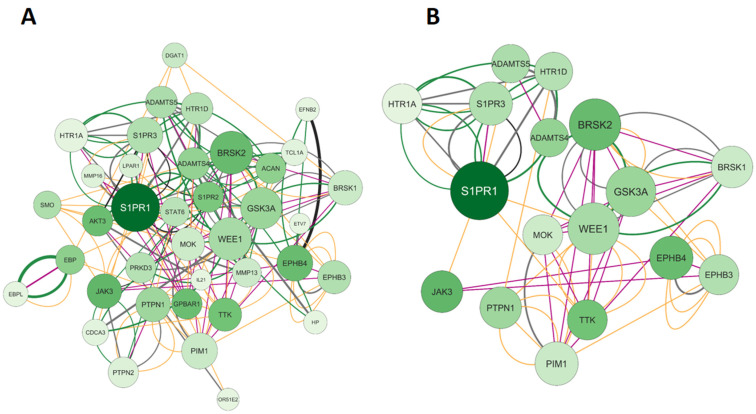 Network interactions between calcitriol and depression targets. (A) Complete network composed of 39 nodes. (B) Filtered network containing 17 genes was obtained using the parameters: degree center (DC) > 9, betweenness centrality (BC) range of 2.000–0.335, and closeness centrality (CC) range of 0.300–6.000. The largest node indicates a higher degree in the network. The color of the edges refers to the types of interactions: physical interactions (green), co-expression (yellow), shared protein domains (pink), co-locations (blue), predictions (gray), genetic interactions (purple), and metabolic pathways (black).