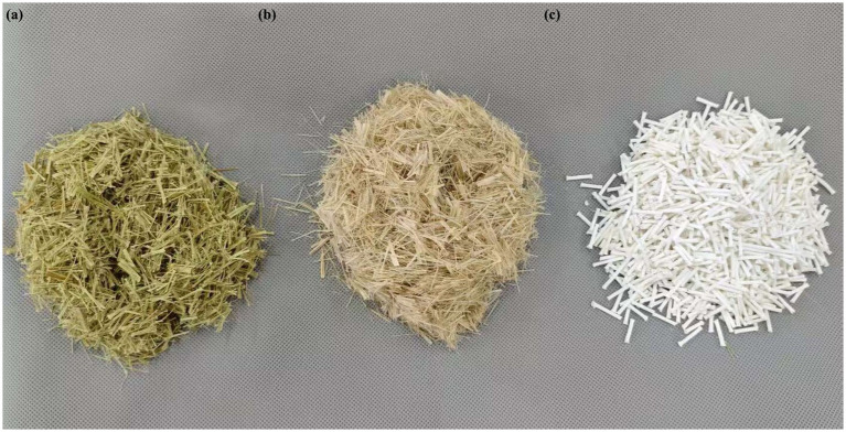 Three distinct piles of fibrous materials labeled a, b, and c are displayed on a gray mesh surface. Pile a on the left is yellowish-green and coarse, pile b in the center is beige and slightly finer, and pile c on the right is stark white and uniformly cut into short segments.