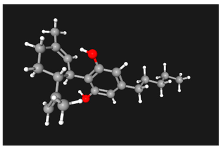 Cannabidiol molecular structure generated by 3-D modeler in PubChem.