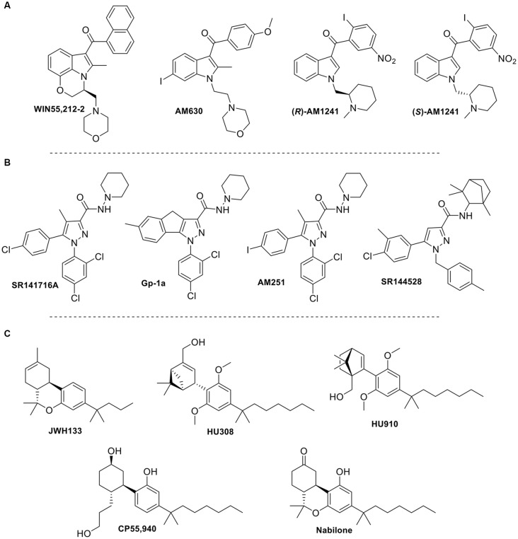 Structure of selected synthetic cannabinoid ligands that target TRP channels: (A) aminoalkyindole derivatives; (B) arylpyrazole derivatives; (C) synthetic phytocannabinoids analogs.
