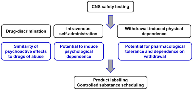 Non-clinical experiments to evaluate the potential of novel CNS-active compounds for human abuse and to cause physical dependence on withdrawal. This package of Safety Pharmacology studies is described in the guidance documents issued by the Committee for Medicinal Products for Human Use (58) of the European Medicines Agency [EMA] (58) and the Center for Drug Evaluation and Research (59) of the US Food and Drug Administration [FDA] (59). Figure created by the authors.
