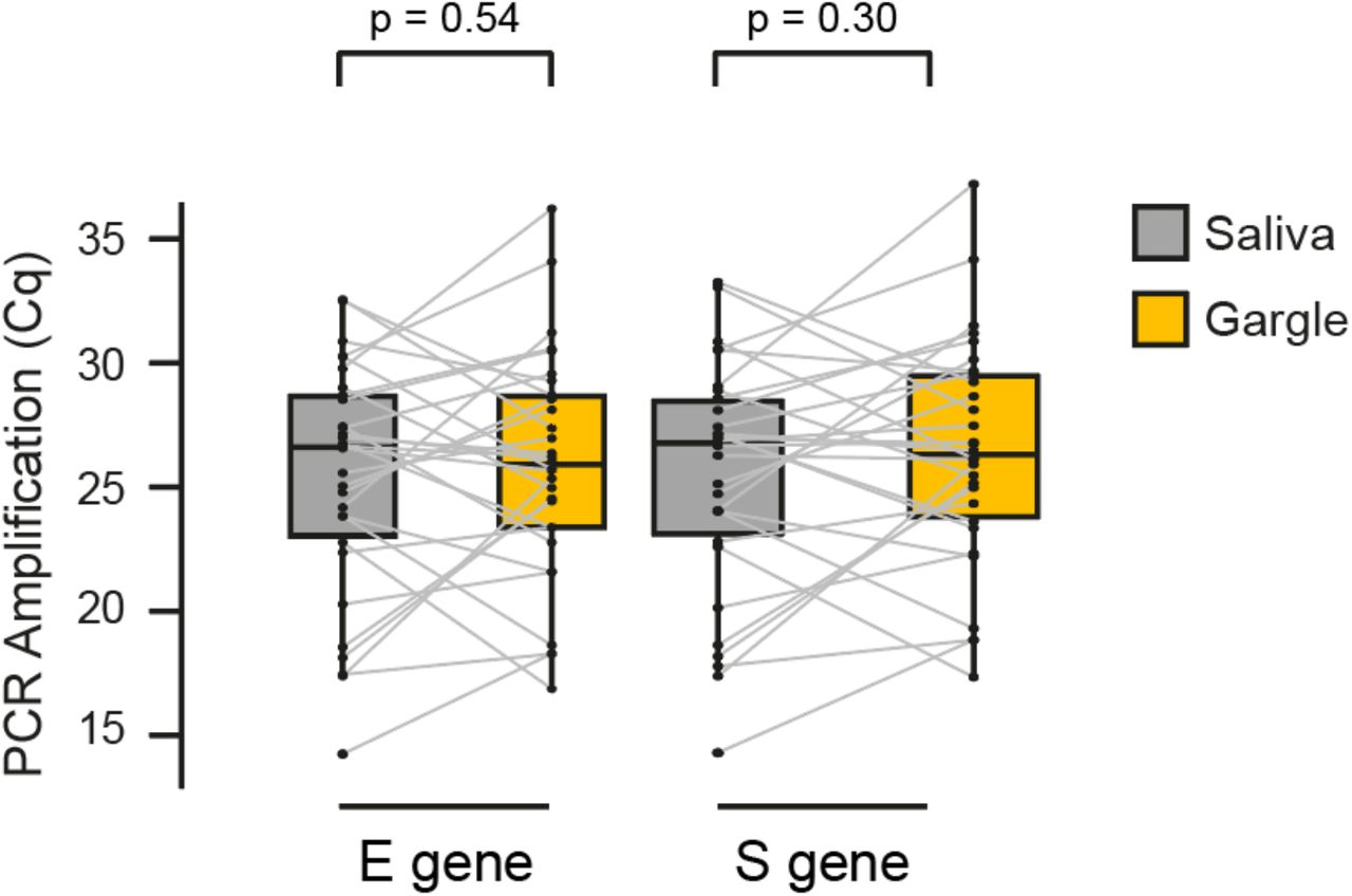 SARS-CoV-2 RNA amplification in saliva and gargle samples.Comparison between Cq values (E gene and S gene) in paired saliva and gargle samples.