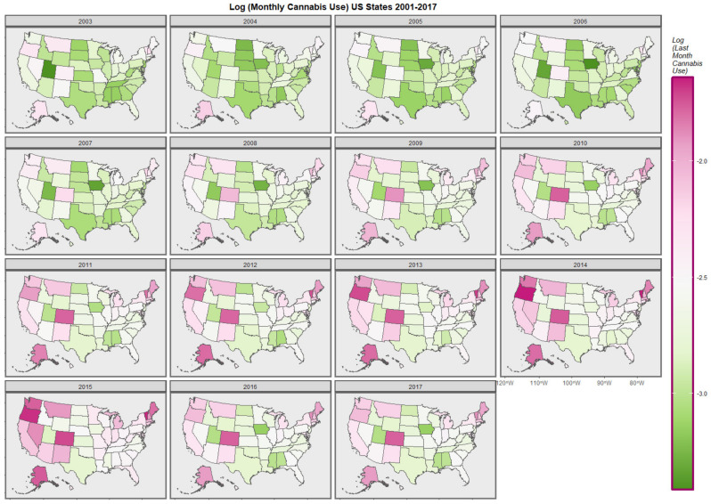 Map-graph of log(last month cannabis use rates) across USA by state and year.