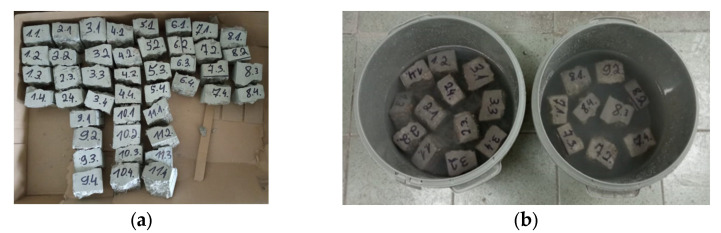 Images of measuring the kinetics for water adsorption; (a) dry specimens; (b) wet specimens; (c) specimen weight measurement; (d) specimen weight measurement in water.