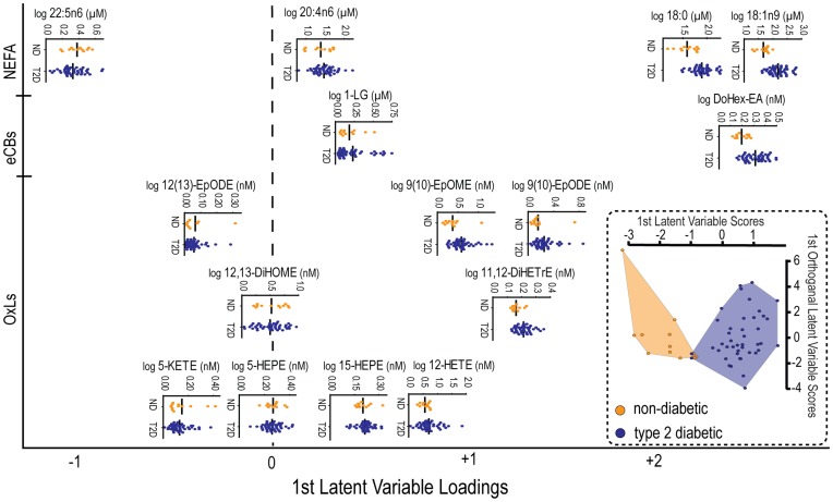 An OPLS-DA model built from 15 plasma lipids discriminates non-diabetic and diabetic cohorts.Horizontal scatter plots of the log transformed concentrations for each model variable are shown. The horizontal arrangement of metabolite scatter plots is scaled to their loading in the discriminant model. A given species importance in the classification increases with increasing displacement from the origin (broken line). The direction of the displacement, left or right, designates whether the species was decreased (left) or increased (right) in the diabetic relative to the non-diabetic patients. The overall model discrimination performance is presented as a scatter plot of subject model scores (inset).