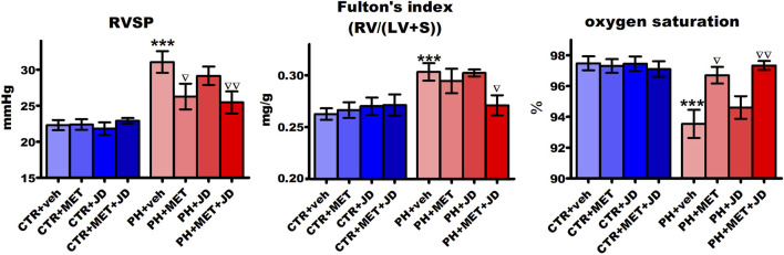Influence of pulmonary hypertension, metformin (MET), JD5037 (JD) and/or their combination on right ventricular systolic pressure (RVSP), Fulton’s index (RV/(LV + S)) and oxygen saturation in monocrotaline-induced pulmonary hypertensive (PH) rats and their normotensive controls (CTR). MET (100 mg/kg), JD5037 (3 mg/kg) or their combination were administered by oral gavage once daily for 21 days; controls received vehicles instead. Data are expressed as mean ± SEM; n = 9–20; ***p < 0.001 significantly different from CTR + veh; ∇ p < 0.05; ∇∇ p < 0.01 significantly different from PH + veh. RV–right ventricle; LV + S–left ventricle + interventricular septum.