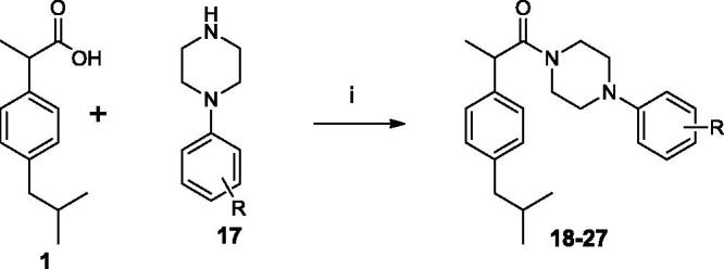 Synthesis of Ibuprofen amides 18–27. (i) EDC, OH-Bt, MeCN, r.t. 12 h.