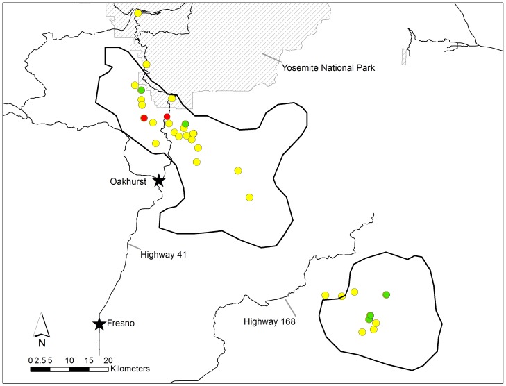 Exposure to and mortality from anticoagulant rodenticides (AR) in fishers (Martes pennanti) from the isolated southern Sierra Nevada population.Green circles represent negative fishers, yellow circles represent exposed fishers, while red circles are fishers that died due to AR toxicosis.