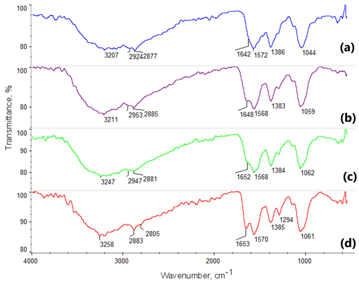 FTIR spectra of chitosan biomaterials modified with poly(dopamine)@Au/PVP NPs: (a) sample 1; (b) sample 2; (c) sample 3; (d) sample 4.