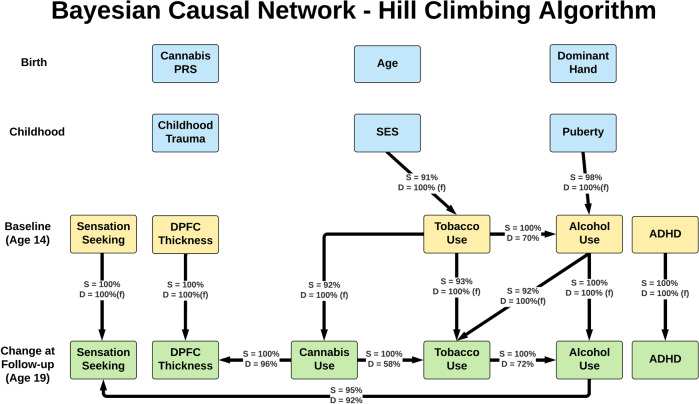 Primary Analysis: Bayesian network model from the hill climbing algorithm.Boxes represent variables used in Bayesian Causal Network models. Yellow boxes are age 14 variables, green boxes are change from age 14 to 19 variables, and blue boxes are other variables of interest. Lines indicate a dependent relationship between two variables in at least 90% of 10,000 bootstrapped models (i.e., strength ≥90%). Arrows indicate directional of relationship found between two variables. S = strength, representing the percentage of bootstrapped models in which a dependent relationship was present. D = direction, representing the percentage of bootstrapped models with a dependent relationship in which a connection was in the direction shown in the figure. (f) = connection with direction pre-specified to fit with temporal ordering. Note: all participants were cannabis-naïve at age 14. All variables were residualized for site and sex.