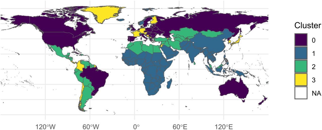 World map showing the clusters.The map was generated using the World Bank’s Official Boundaries dataset, available at: https://datacatalog.worldbank.org/search/dataset/0038272/World-Bank-Official-Boundaries. Disclaimer: The boundaries, colours, denominations, and any other information shown on this map do not imply, on the part of the authors, the journal, or the World Bank Group, any judgment on the legal status of any territory, or any endorsement or acceptance of such boundaries.
