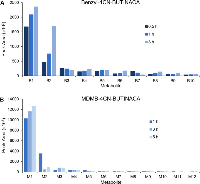 Average peak areas of the metabolites of A Benzyl-4CN-BUTINACA after 0.5-, 1-, and 3-h incubations and B MDMB-4CN-BUTINACA after 1-, 3-, and 5-h incubations with HHeps for two replicate samples (averaged)