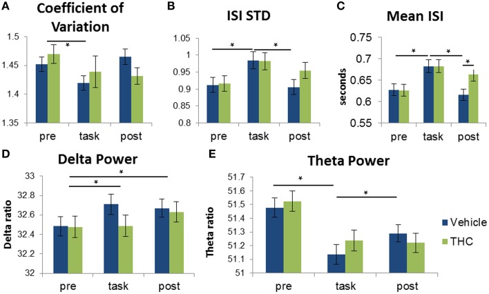 Distinction between recording phases and drug conditions using frequency spectra and spike train variability measures. Each bar was obtained by averaging values from individual spike trains within specified recording phase and drug treatment combinations (n = 771–1004 neurons per group). Vehicle (blue) or THC (green) was given after pre-task recording, so measures obtained during the pre-task recording should be the same for drug conditions. Statistical significance is designated by * indicating p < 0.0083 (Bonferoni correction). Error bars represent S.E.M. (A) Repeated measures ANOVA using coefficient of variation (CV) as the dependent variable yielded a significant main effect of recording phase but no significant interaction between drug condition and recording phase. CV was greater during pre-task recordings compared to recordings during the DNMS task. (B) A significant interaction between recording phase and drug condition revealed that ISI standard deviation is greater during the task compared to pre- and post-task recordings. (C) A significant interaction between recording phase and drug condition revealed that ISIs recorded under vehicle administration were larger during the task vs. pre- and post-task conditions. THC increased mean ISI only during the post-task recording but had no effect during the task. (D) A significant main effect of recording phase was found when assessing delta power: Delta power was larger during task and post-task vs. pre-task sessions. (E) Theta power of hippocampal neurons was higher during the task-independent (pre- and post-task) resting phases compared to during DNMS task performance.