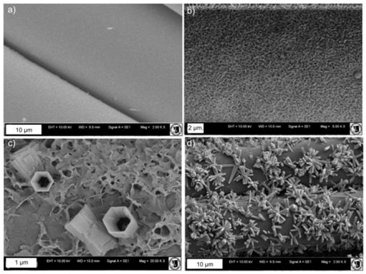 SEM images of meshes: (a) pure; (b) 50 °C; (c) 70 °C; (d) 90 °C.