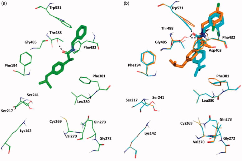 The lowest emodel binding modes of (S)-benzylamides : (a) 3, (b) 11 and 15. Key interacting residues of FAAH are displayed as green, cyan and orange lines relatively to benzylamides 3, 11, and 15 that are represented as green, cyan and orange sticks, respectively. Hydrogen bond interactions detected by Maestro 11.1 are shown as dashed black lines.