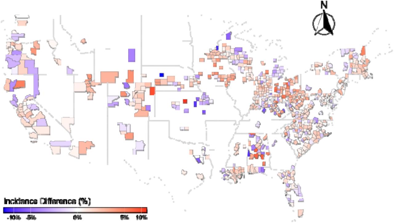 The map for the difference in average incidences between before and after t e dominance of Omicron (i.e., January 2022).