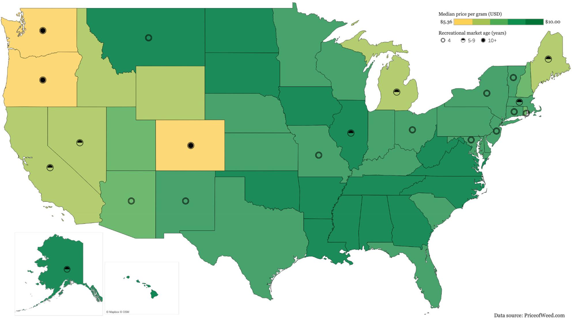 Median price per gram of illicit cannabis across 2018-2024. Caption: This map compares the median price per gram of illicit cannabis flower over 2018 to 2024 by state. States with recreational dispensaries are marked by symbols denoting market age: a solid circle indicates markets in 2014-2015; a half-filled circle indicates those opened in 2016-2020; and an unfilled circle indicates those opened in 2021-2024