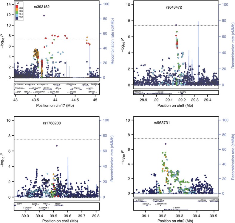Regional association plots.(a–d) Top loci associated with CBD compared with controls in the Discovery Stage (152 CBD, 3,311 controls) and the Replication Stage (67 CBD, 457 controls). The most significant association is at 17q21, tagging the 1.2 Mb inversion containing MAPT (a). New susceptibility loci for CBD are located at 8p12 (b), 3p22 (c) and 2p22 (d). Genetic association testing was performed using conditional logistic regression analysis under an additive model and corrected for population substructure using the first principal component from multidimensional scaling analysis (MDS) as a covariate (λ=1.01). The y axis is −log10 P values and x axis is the genomic location of each SNP (circles) genotyped and imputed. Linkage disequilibrium coefficients were derived from hg19 (1,000 Genomes March 2012, European population) and local estimates of recombination rates are from HapMap samples (2008–03_rel22_B36; http://hapmap.ncbi.nlm.nih.gov). The random effects meta-analysis top SNP at each locus (purple diamonds).